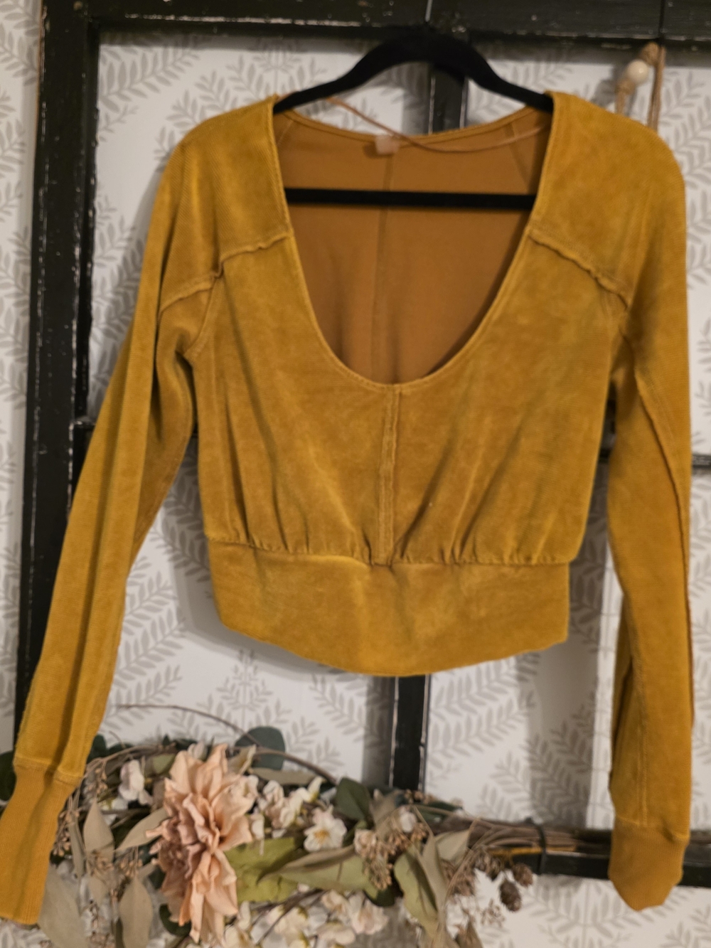 FP Movement by Free People Mustard Scoop-Neck Cropped Long Sleeve Top
